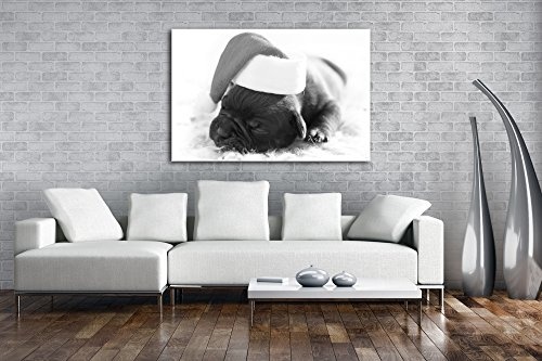 deyoli süßer Hund mit Weihnachtsmütze Effekt: Schwarz/Weiß im Format: 60x40 als Leinwandbild, Motiv fertig gerahmt auf Echtholzrahmen, Hochwertiger Digitaldruck mit Rahmen, Kein Poster oder Plakat
