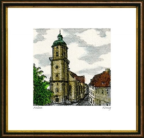 Kunstverlag Christoph Falk Handkolorierte original Radierung Aalen, Stadtkirche von König im Rahmen Braun-Gold, Graphik, kein Kunstdruck, kein Leinwandbild