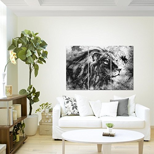 Runa Art Bilder Afrika Löwe Wandbild 120 x 80 cm - 3 Teilig Vlies - Leinwand Bild XXL Format Wandbilder Wohnzimmer Wohnung Deko Kunstdrucke Grau - Made IN Germany - Fertig Zum Aufhängen 002231c