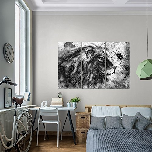 Runa Art Bilder Afrika Löwe Wandbild 120 x 80 cm - 3 Teilig Vlies - Leinwand Bild XXL Format Wandbilder Wohnzimmer Wohnung Deko Kunstdrucke Grau - Made IN Germany - Fertig Zum Aufhängen 002231c