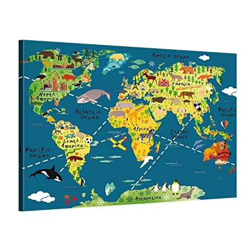 ge Bildet® hochwertiges Leinwandbild XXL - Weltkarte für Kinder - Dunkelblau - Bild für kinderzimmer - 100 x 70 cm einteilig 2202 L