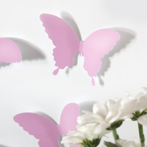 Wandkings Schmetterlinge im 3D-Style in ROSA, 12 Stück, Wanddekoration mit Klebepunkten zur Fixierung