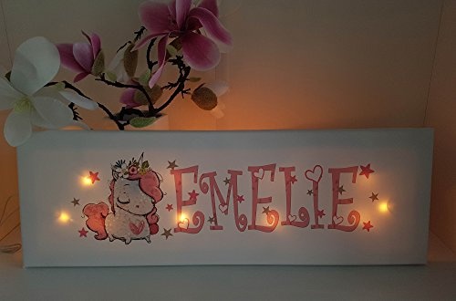 Leuchtbild mit Name - Wandlampe - Schlummerlampe Kinderzimmer personalisiert (Rosa, Einhorn Marie)