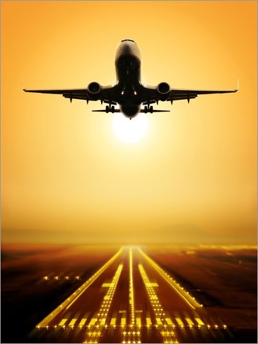Leinwandbild 120 x 160 cm: Start eines Passagierflugzeugs im Sonnenuntergang von Editors Choice - fertiges Wandbild, Bild auf Keilrahmen, Fertigbild auf echter Leinwand, Leinwanddruck