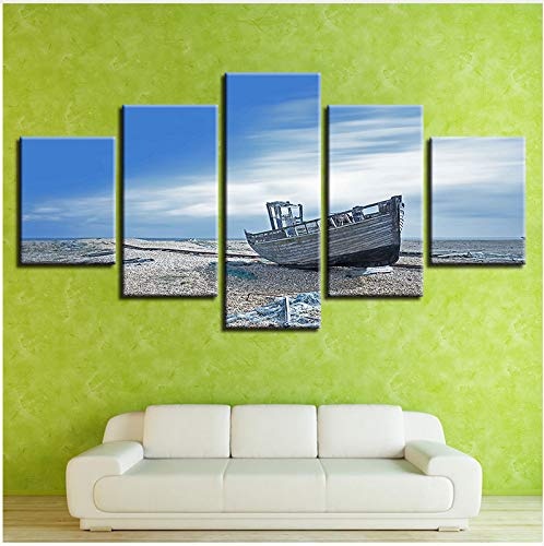 LQWE 3D Leinwandbild Leinwand Gemälde Wohnzimmer Decor 5 Stück Blue Sky Strand Abfall Schiff Bilder Hd Drucke Seascape Poster modulare Wand Kunst