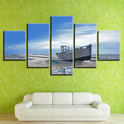 Foagge Leinwand Gemälde Wohnzimmer Dekor 5 Stücke Blauer Himmel Strand Abfall Schiff Bilder Hd Drucke Seascape Poster Modulare Wandkunst