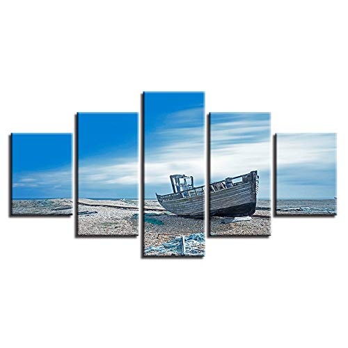 Foagge Leinwand Gemälde Wohnzimmer Dekor 5 Stücke Blauer Himmel Strand Abfall Schiff Bilder Hd Drucke Seascape Poster Modulare Wandkunst