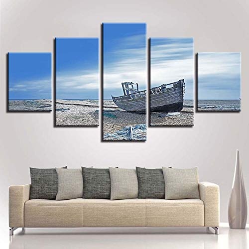 Foagge Leinwand Gemälde Wohnzimmer Dekor 5 Stücke Blauer Himmel Strand Abfall Schiff Bilder Hd Drucke Seascape Poster Modulare Wandkunst