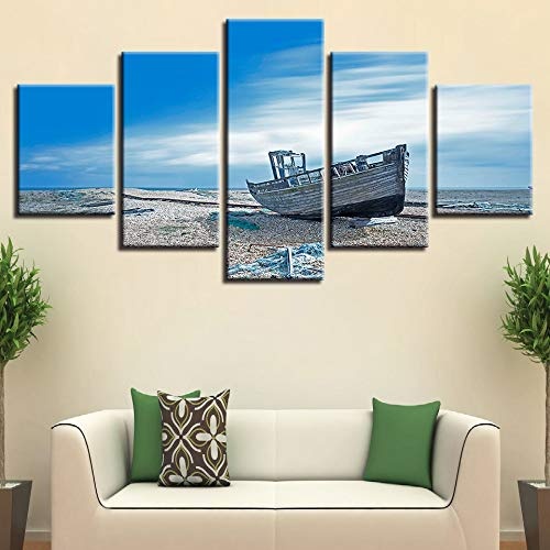 Foagge Leinwand Gemälde Wohnzimmer Dekor 5 Stücke Blauer Himmel Strand Abfall Schiff Bilder Hd Drucke Seascape Poster Modulare Wandkunst