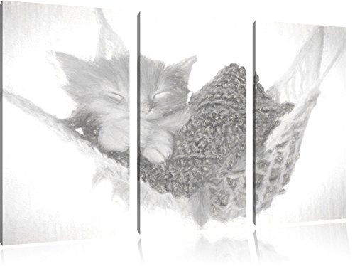 Pixxprint Schlafendes Katzenbaby in Hängematte Kohle Zeichnung Effekt 3-Teiler Leinwandbild 120x80 Bild auf Leinwand