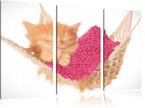 Pixxprint Schlafendes Katzenbaby in Hängematte Bunstift Effekt 3-Teiler Leinwandbild 120x80 Bild auf Leinwand
