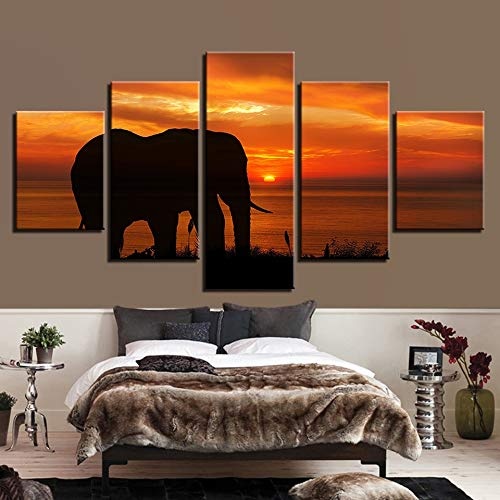 mbambm HD Druck Moderne Leinwandbilder 5 Stücke Tier Elefanten Sonnenuntergang Natürliche Landschaft Gemälde Modulare Decor Wandkunst Home Schlafzimmer-30x40x2 30x60x2 30x80x1