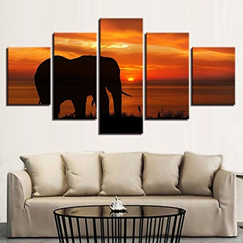 mbambm HD Druck Moderne Leinwandbilder 5 Stücke Tier Elefanten Sonnenuntergang Natürliche Landschaft Gemälde Modulare Decor Wandkunst Home Schlafzimmer-30x40x2 30x60x2 30x80x1