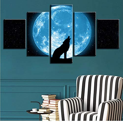 zxfcczxf Wulian Malerei Home Leinwand Malerei Leinwandbild Home Wandkunst Hd Print Poster 5 Stücke Wolf Howling Moon Night Malerei Dekorative Modulare Rahmen-40x60x2 40x80x2 40x100x1