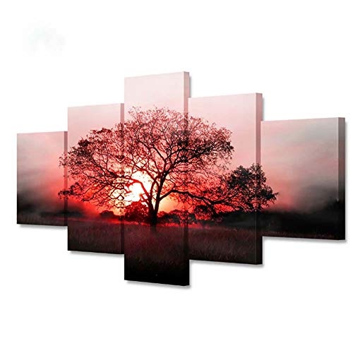 Zmymzm Kunst - 5 Poster von Sunset Tree Landscapes,Wandbilder auf Leinwand, HD Druck Wanddekorationsfarben, 20x30cmx2 + 20x40cmx2 + 20x50cmx1,Aframed,M