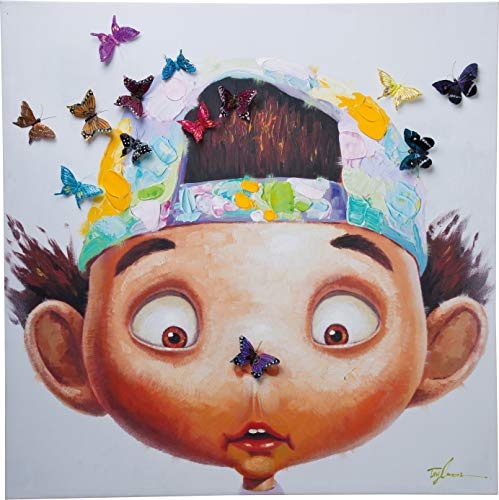 Kare Design Bild Touched Boy with Butterflys, XXL Leinwandbild auf Keilrahmen, Wanddekoration mit Jungen und Schmetterlingen, bunt (H/B/T) 100x100x4cm