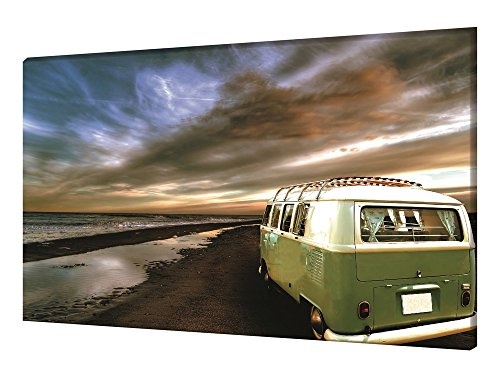 Homedeco-24 Wandbild Leinwand, Freiheit - VW Bulli am Strand. 65 x 100 cm