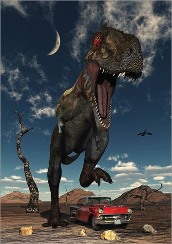 Leinwandbild 30 x 40 cm: A Tyrannosaurus Rex about to crush a Cadillac with his feet. von Mark Stevenson / Stocktrek Images - fertiges Wandbild, Bild auf Keilrahmen, Fertigbild auf echter Leinwand,...