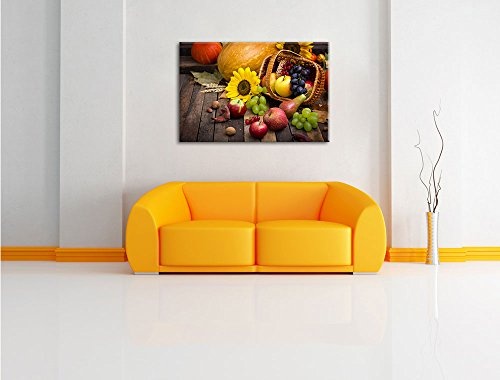 Herbstlicher Obstkorb, Format: 80x60 auf Leinwand, XXL riesige Bilder fertig gerahmt mit Keilrahmen, Kunstdruck auf Wandbild mit Rahmen, günstiger als Gemälde oder Ölbild, kein Poster oder Plakat