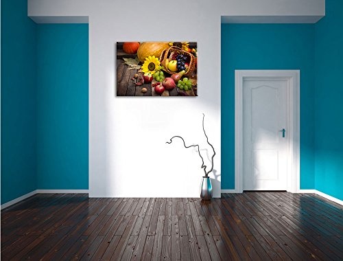 Herbstlicher Obstkorb, Format: 80x60 auf Leinwand, XXL riesige Bilder fertig gerahmt mit Keilrahmen, Kunstdruck auf Wandbild mit Rahmen, günstiger als Gemälde oder Ölbild, kein Poster oder Plakat