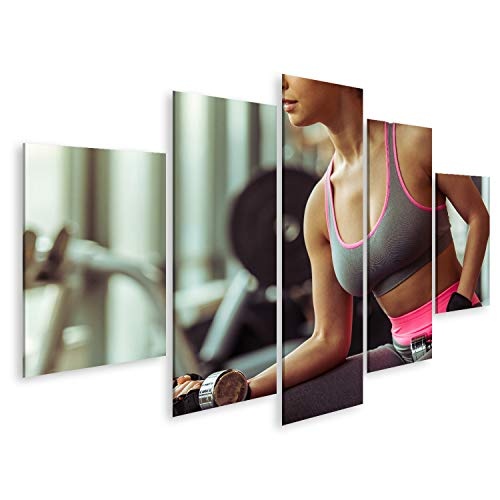 islandburner, Bild auf Leinwand Attraktive Junge Frau beim Training mit Kurzhanteln im Fitnessstudio, abgeschnitten Wandbild Leinwandbild Kunstdruck Poster 170x80cm - 5 Teile