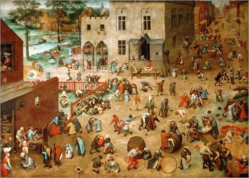 Leinwandbild 70 x 50 cm: Die Kinderspiele von Pieter Brueghel d.Ä. - fertiges Wandbild, Bild auf Keilrahmen, Fertigbild auf echter Leinwand, Leinwanddruck