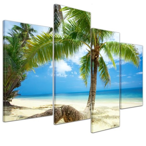 Wandbild - Strand im Paradies - Bild auf Leinwand - 120x80 cm 4 teilig - Leinwandbilder - Bilder als Leinwanddruck - Urlaub, Sonne & Meer - Südsee - Panorama - Palme am Strand