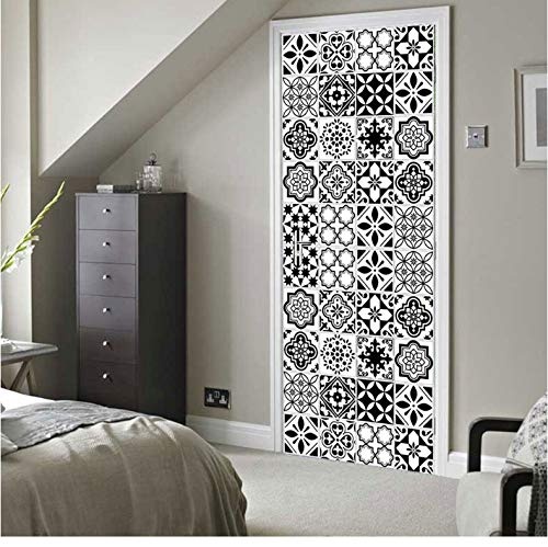DWWNB 3D Türaufkleber Kaleidoskop Mediterranen Stil Farbe Weiß Und Schwarz Fliesen Mosaik Schlafzimmer Holztür Dekoration Poster 77 * 200 cm