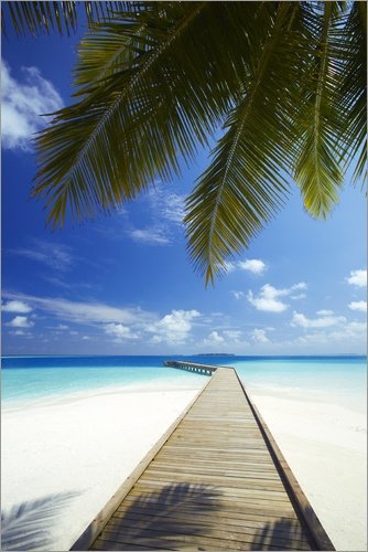 Leinwandbild 60 x 90 cm: Anlegestelle, Malediven von Sakis Papadopoulos/Robert Harding - fertiges Wandbild, Bild auf Keilrahmen, Fertigbild auf echter Leinwand, Leinwanddruck