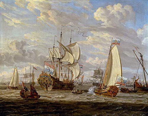 Leinwandbild: Abraham Jansz Storck "Peter der Große besichtigt das Schiff Peter und Paul auf dem Ij vor Amsterdam" - hochwertiger Kunst-Druck, Leinwand auf Keilrahmen, Bild fertig zum Aufhängen, 100x80 cm