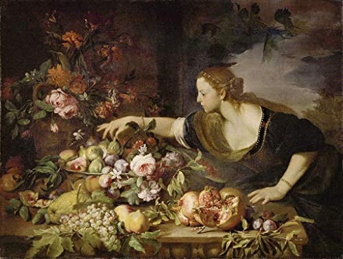 kunst für alle Leinwandbild: Abraham Brueghel Frau mit Blumen und Früchten - hochwertiger Druck, Leinwand auf Keilrahmen, Bild fertig zum Aufhängen, 100x75 cm