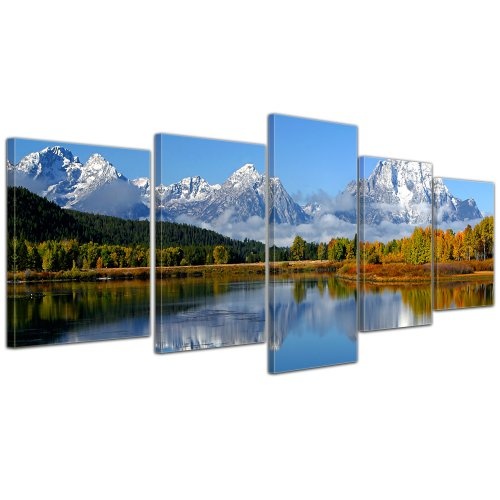 Wandbild - Berglandschaft USA - Oxbow Bend - Bild auf Leinwand - 200x80 cm 5 teilig - Leinwandbilder - Bilder als Leinwanddruck - Landschaften - Amerika - Berge mit See und Herbstwald