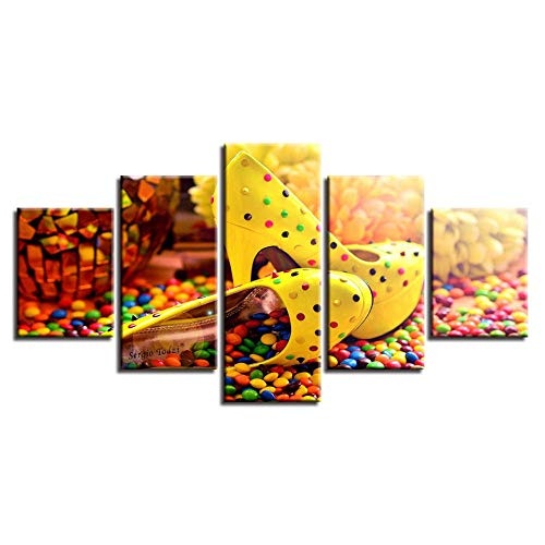 MURAEDLS Wandbild 150 x 80 cm Leinwandbild Wandbilder Wohnzimmer Wohnung Deko Kunstdrucke 5 Teilig - Farbige Süßigkeits-Schokoladen-hohe Absätze (Rahmenlos)