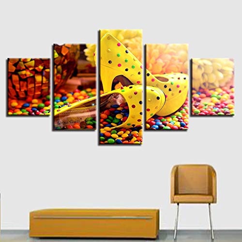 MURAEDLS Wandbild 150 x 80 cm Leinwandbild Wandbilder Wohnzimmer Wohnung Deko Kunstdrucke 5 Teilig - Farbige Süßigkeits-Schokoladen-hohe Absätze (Rahmenlos)