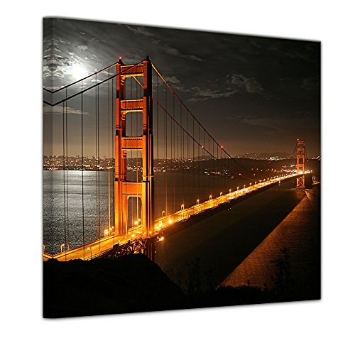 Wandbild - Golden Gate Bridge bei Nacht (Vollmond) - Bild auf Leinwand 40 x 40 cm - Leinwandbilder - Bilder als Leinwanddruck - Städte & Kulturen - USA - Amerika - Brücke bei Nacht