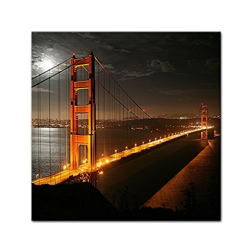 Wandbild - Golden Gate Bridge bei Nacht (Vollmond) - Bild auf Leinwand 40 x 40 cm - Leinwandbilder - Bilder als Leinwanddruck - Städte & Kulturen - USA - Amerika - Brücke bei Nacht