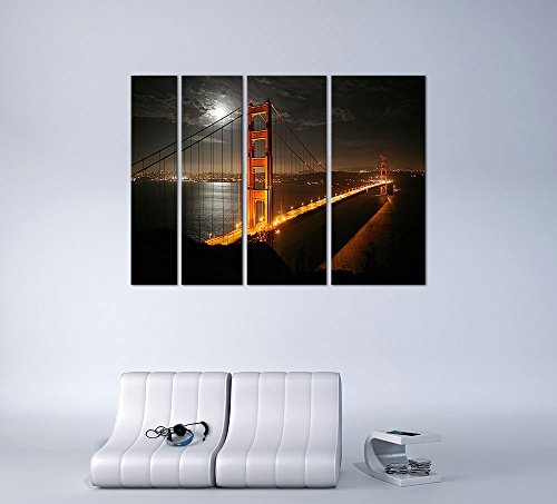 Keilrahmenbild - Golden Gate Bridge bei Nacht (Vollmond) - Bild auf Leinwand 180 x 120 cm 4tlg - Leinwandbilder - Bilder als Leinwanddruck - Städte & Kulturen - USA - Amerika - Brücke bei Nacht