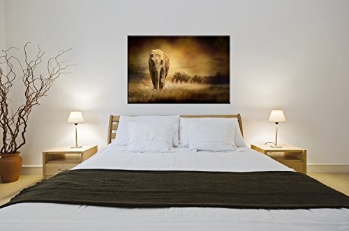 BERGER DESIGNS - Tierbild "Elephants at sunset" 70 x 110 cm auf Leinwand und Holzkeilrahmen (Natur, Tiere, Elefanten, Afrika, Safari, Sonnenuntergang, Dämmerung) - Beste Qualität, handgefertigt in Deutschland