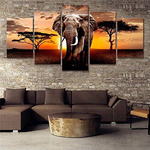 GYHU Leinwandbilder Wohnkultur 1 Stück Walking Elephant Sunset Afrika Grünland Landschaft Malerei Drucke Poster Wohnzimmer Wandkunst Kein Rahmen 80x150cm_A