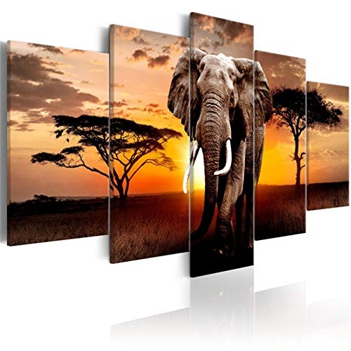 sxkdyax Kein Rahmen Leinwandbilder Wohnkultur 1 Stück Walking Elephant Sunset Afrika Grünland Landschaft Malerei Drucke Poster Wohnzimmer Wandkunst
