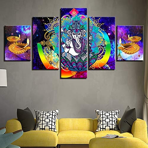 Moderne Leinwandbilder HD Print 5 Stück - Indien Ganesha Elephant God Modular Poster - Malerei Dekor für Wohnzimmer Wandkunst,B,40×60×2+40×80x2+40×100×1