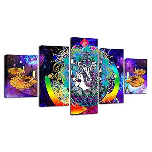 Moderne Leinwandbilder HD Print 5 Stück - Indien Ganesha Elephant God Modular Poster - Malerei Dekor für Wohnzimmer Wandkunst,B,40×60×2+40×80x2+40×100×1