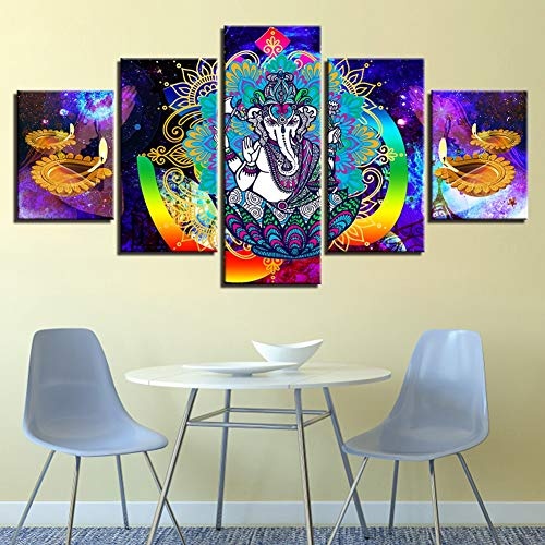 Moderne Leinwandbilder HD Print 5 Stück - Indien Ganesha Elephant God Modular Poster - Malerei Dekor für Wohnzimmer Wandkunst,B,40×60×2+40×80x2+40×100×1