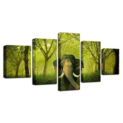 Tkuri 5 Panel Leinwand 5 Leinwandbilder 5 Leinwandmalerei HD Prints Poster 5 Stück Wandkunst Elephant Green Forest Naturlandschaft Bilder Home Decor