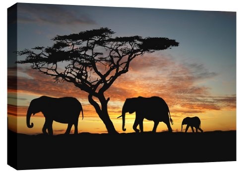 Große Elefanten, die im Sonnenuntergang Afrika Landschaft Leinwandbild montiert und fertig zum Aufhängen 76,2 x 50,8 cm