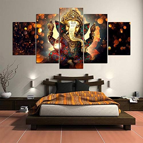 Tkuri HD 5 Panel Leinwand 5 Leinwandbilder 5 Leinwandmalerei 5 Stück Elephant Trunk God Modular Poster Ganesha Tierbilder-T2 Frame