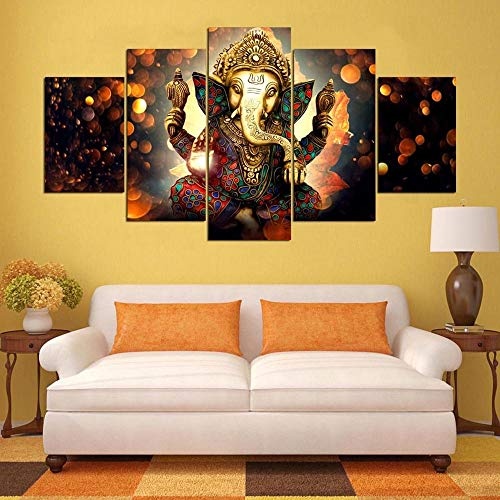 Tkuri HD 5 Panel Leinwand 5 Leinwandbilder 5 Leinwandmalerei 5 Stück Elephant Trunk God Modular Poster Ganesha Tierbilder-T2 Frame