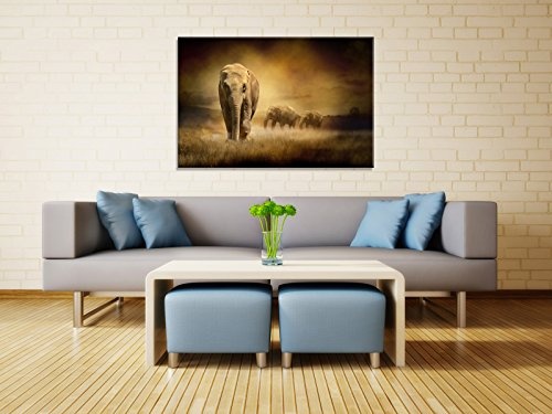 Leinwandbild Elephants at Sunset - Fertig Aufgespannt - Gemälde, Kunstdruck, Wandbild, Keilrahmen, Bild auf Leinwand von Trendwände - Format: 90x60cm, Standard: Polyester-Leinwand 2cm Rahmen