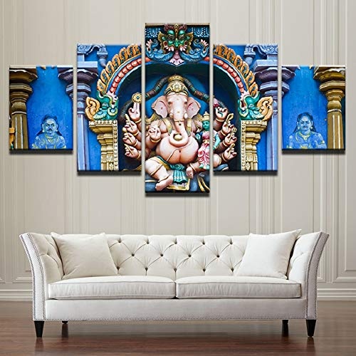 FJNS Wandbilder Indien Leinwandbild Ganesh Elephant Head Gott Malerei für Wohnzimmer Home Decor Gallery Art Framework - 5 Panels Pieces Mehrere Bilder,A,40x60x240x80x240x100x1