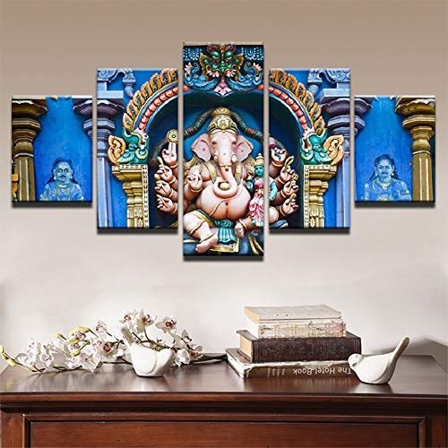 FJNS Wandbilder Indien Leinwandbild Ganesh Elephant Head Gott Malerei für Wohnzimmer Home Decor Gallery Art Framework - 5 Panels Pieces Mehrere Bilder,A,40x60x240x80x240x100x1